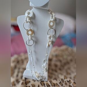 Vintage long silver with white beading and cream white mother of pearl detail.